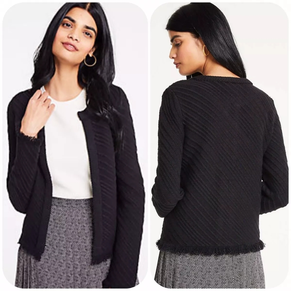 Ann Taylor Black Stitched Fringe Sweater cardigan